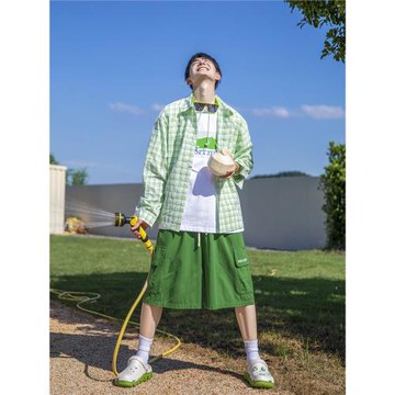 PD大人清涼薄荷味夏季格子襯衫男女上衣2025美式撞色寬松休閑襯衣