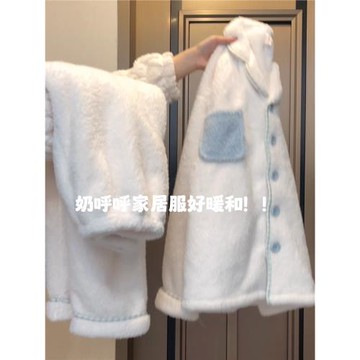 2025年新款睡衣女秋冬季加厚保暖長毛絨開衫休閑風寬松家居服套裝