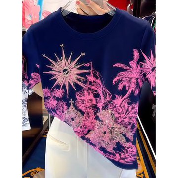 [韓國K.W.]韓國空運火紅艷火涼爽輕法式燙鑽夏日短袖上衣(薄衫/雪紡/小香風/涼感)