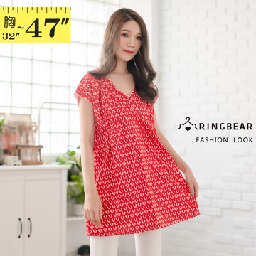 雪紡洋裝--歐美名媛感時尚花紋木耳邊V領拼接連袖長上衣(紅M-3L)-U562眼圈熊中大尺碼