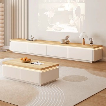 氛圍燈實木電視柜茶幾組合現代簡約客廳復古奶油風背景墻電視柜 h7222