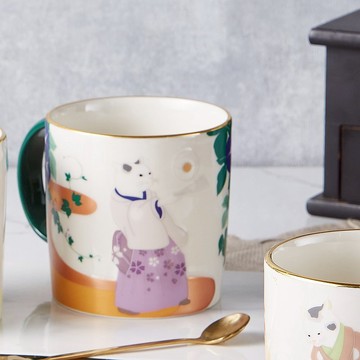 日本浮世繪貓咪與牽牛花-吉祥貓馬克杯(朝顏)