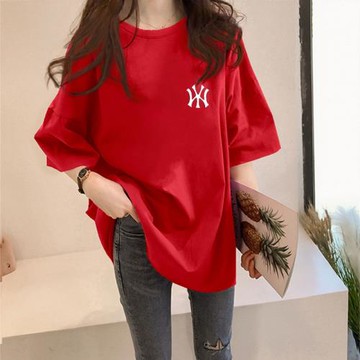 大碼短袖t恤女顯瘦夏季純棉大紅色中長款寬松體恤上衣百搭ins潮牌