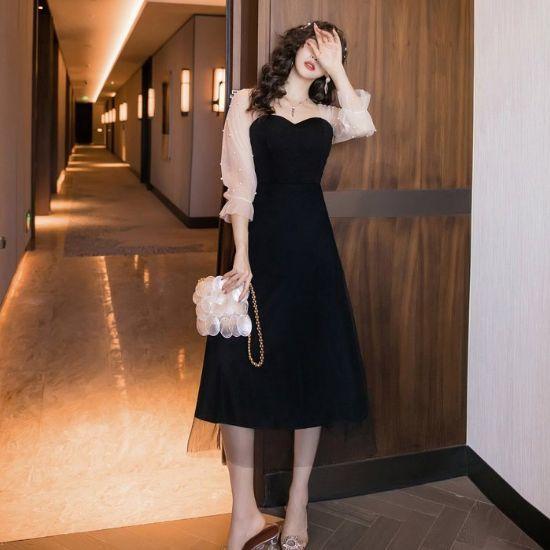 ワンピース 結婚式 エレガント ロング丈 ブラック 謝恩会 韓国 パーティードレス 韓国 即納 結婚式 二次会 謝恩会 お呼ばれ 膝