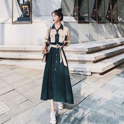 ワンピース Aライン シャツワンピース レディース 女性 長袖 ロング丈 襟付き 前ボタン ウエストリボン ハイウエスト お洒落 可愛い きれいめ お 通販 Lineポイント最大get Lineショッピング