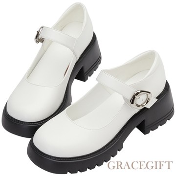【Grace Gift】輕量圓頭厚底瑪莉珍鞋 米白