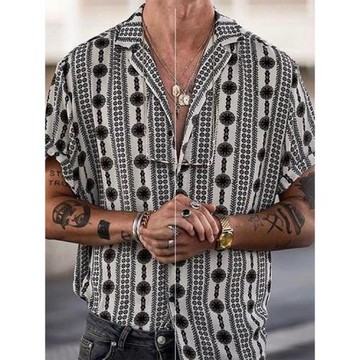 2025薄款歐美潮牌印花襯衫立領短袖男士休閑百搭上衣夏 Men shirt