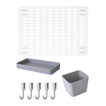 免打孔家用洞洞板置物架 PS材質 洞洞板42x30cm 置物盤20x10x3cm 收納筒10x8x8cm 掛勾長2.6cm  洞洞板 白色 + 配件 灰色  1組