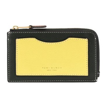 TORY BURCH 品牌燙金LOGO撞色皮革L型拉鍊卡夾零錢包(深綠/黃)
