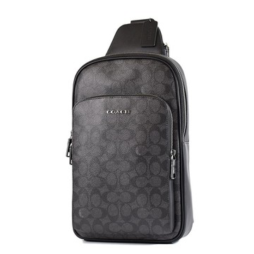 COACH 男款 緹花LOGO防刮拉鍊置物單肩背胸包-灰黑