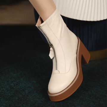 前拉鏈真皮粗跟加絨增高切爾西靴