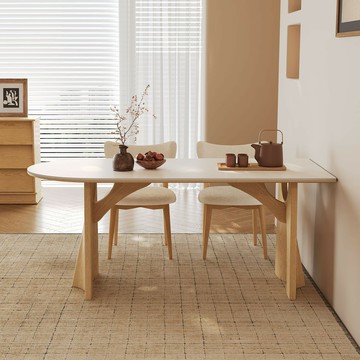 公司貨 附發票 免運 奶油風餐桌新款小戶型原木白色巖板飯桌靠墻飛鴉半圓實木餐桌