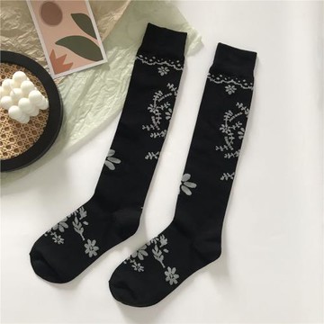 黑色小花及膝長襪女秋冬純棉暗黑風時髦小腿襪中筒襪網紅款襪子潮