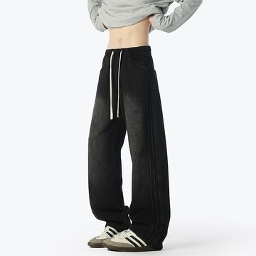 【HOT 本舖】男装2025年秋季上新潮牌美式做舊水洗抽繩鬆緊牛仔褲男寬鬆潮流百搭長褲