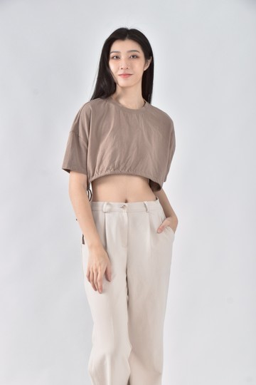 (S) 【海兒私服】net春夏修身短版質感棉質純棉抽皺棕色短袖上衣