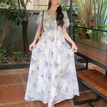 孕婦設計感短袖 雪紡連衣裙夏季款 時尚新款大碼裝 寬鬆顯瘦V領裙 長裙子孕婦衣 孕媽咪涼感雪紡裙 孕婦休閒顯瘦