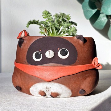 Dark brown tanuki plant pot. Handmade succulent planter.