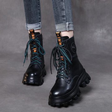 真皮中筒靴女高跟厚底炸街帥氣機車靴復古短靴秋冬百搭棉鞋單皮靴