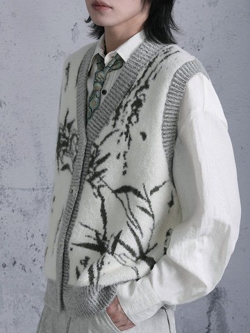 中式提花 仿貂毛軟糯馬甲 針織毛衣