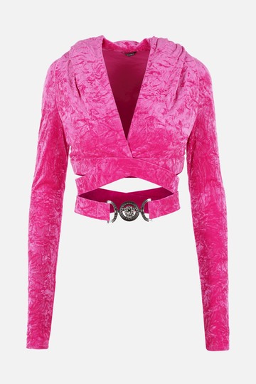 VERSACE stretch velvet hooded wrap cropped top with Medusa belt Woman