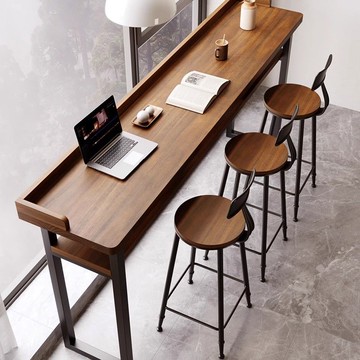 公司貨附發票 吧台桌 新款吧臺桌子雙層實木擋板陽臺窄條桌靠窗靠墻北歐高腳桌椅組合 快速出貨