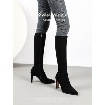 高跟長靴女2025秋冬新款彈力瘦瘦靴粗跟高筒靴側拉鏈不過膝長筒靴