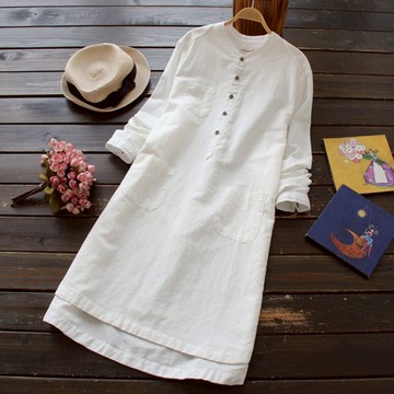 跨境外貿棉麻連衣裙女春秋裝寬松大碼氣質純色長袖亞麻襯衫中長裙