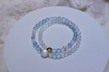 原創天然海藍寶玻璃體冰川藍雙圈手鏈  海藍寶藍月光手鏈