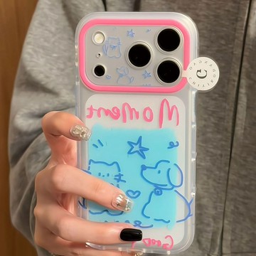 ✨防摔手機殼✨ins粉英文涂鴉小狗貓咪蘋果17pro/16/15手機殼13/12少女心11童趣