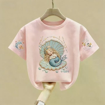 軟糯舒適~夏季卡通創意美人魚仿刺繡印花短袖女孩中大童可愛百搭上衣T恤 童裝 兒童上衣 兒童短袖 女童短袖T恤 打底衫