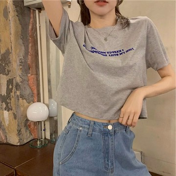 灰色短袖t恤女夏季寬松ins潮設計感小眾高腰短款露臍上衣