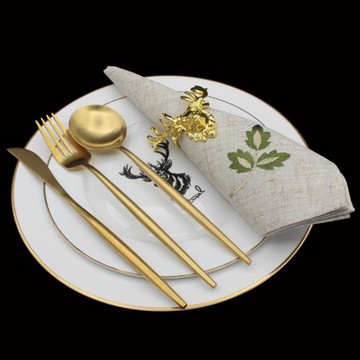 新中式輕奢簡約家用餐桌西餐餐具套裝樣板間展廳擺件麋鹿盤子擺臺