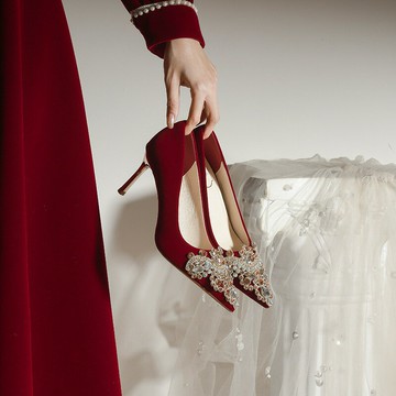 【含稅/免運】 X766-52尖頭高跟鞋女細跟2024新款淺口單鞋秀禾服紅色新娘婚32-43