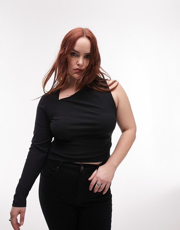 Topshop Curve asymmetric one shoulder top in black