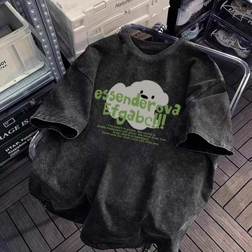 雲朵小狗印花 水洗做舊 寬鬆落肩 水洗短袖上衣 美式短袖 大尺碼上衣 寬鬆T恤 重磅t恤 短袖t恤上衣 設計感上衣