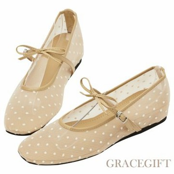 【Grace Gift】日系水玉蝴蝶結網紗內增高瑪莉珍鞋 卡其
