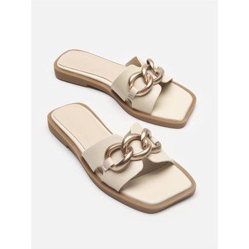 2025年新款ZA露趾鏈條拖鞋女夏外穿時尚平底一字拖真皮方頭涼拖女