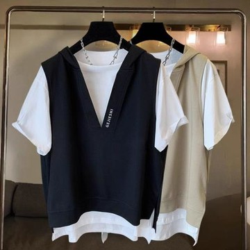 特大碼300斤假兩件刺繡連帽短袖t恤男士夏季日系潮牌寬松百搭體恤
