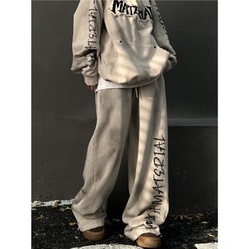 達蒙島美式運動慵懶闊腿顯瘦衛褲男女做舊水洗寬松情侶垂感褲子潮