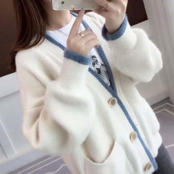 水貂絨毛衣外套女2021年秋季新款韓版寬松慵懶風針織開衫外穿上衣