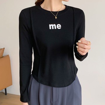 衣時尚 上衣 長袖T卹 打底衫 印花上衣 S-XL新款設計感小眾不規則下擺打底衫-6184.