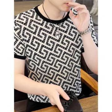 歐洲站冰絲短袖T恤男士半袖圓領格子上衣鏤空透氣高檔垂感體恤衫