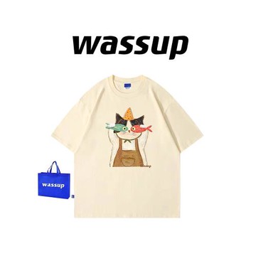 WASSUP國潮牌純棉圓領短袖男女夏設計款卡通T恤學生寬松百搭半袖