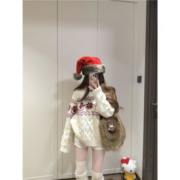 費爾島雪人提花菱格毛衣女寬松慵懶風秋冬圣誕氛圍感減齡甜妹穿搭