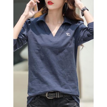 2025年秋裝新款polo領帶領長袖打底衫女刺繡翻領內搭百搭上衣t恤