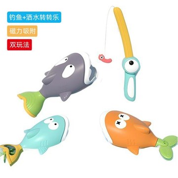 跨境新品兒童磁吸釣魚玩具小鯊魚戲水轉轉樂寶寶浴室戲水洗澡套裝