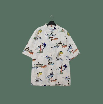 Back to Green- 魚圖騰短袖襯衫 繽紛 魚群與建築 vintage shirt