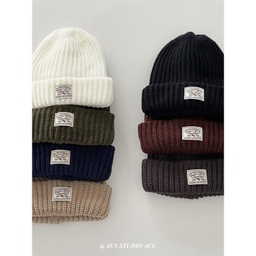 寬松大版針織帽男女百搭秋冬新款美式復古保暖套頭冷帽布標毛線帽