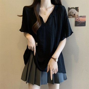 S-4XL 大尺碼慵懶風吊墜短袖t恤女夏季2024新款女裝寬松顯瘦遮肉v領上衣女