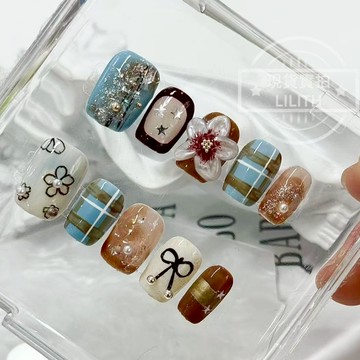 可隔日到貨！復古格紋 純手工貓眼穿戴甲  手繪小花 秋冬必備 可拆卸手工甲 光療甲片 美甲貼片 假指甲 指甲貼 韓國美甲